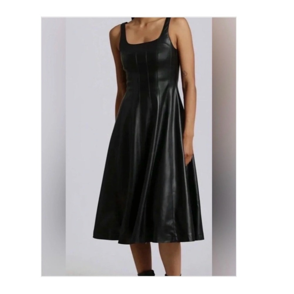 7 For All Mankind Black Vegan Leather Edgy Square Neck A-Line Midi Dress XS